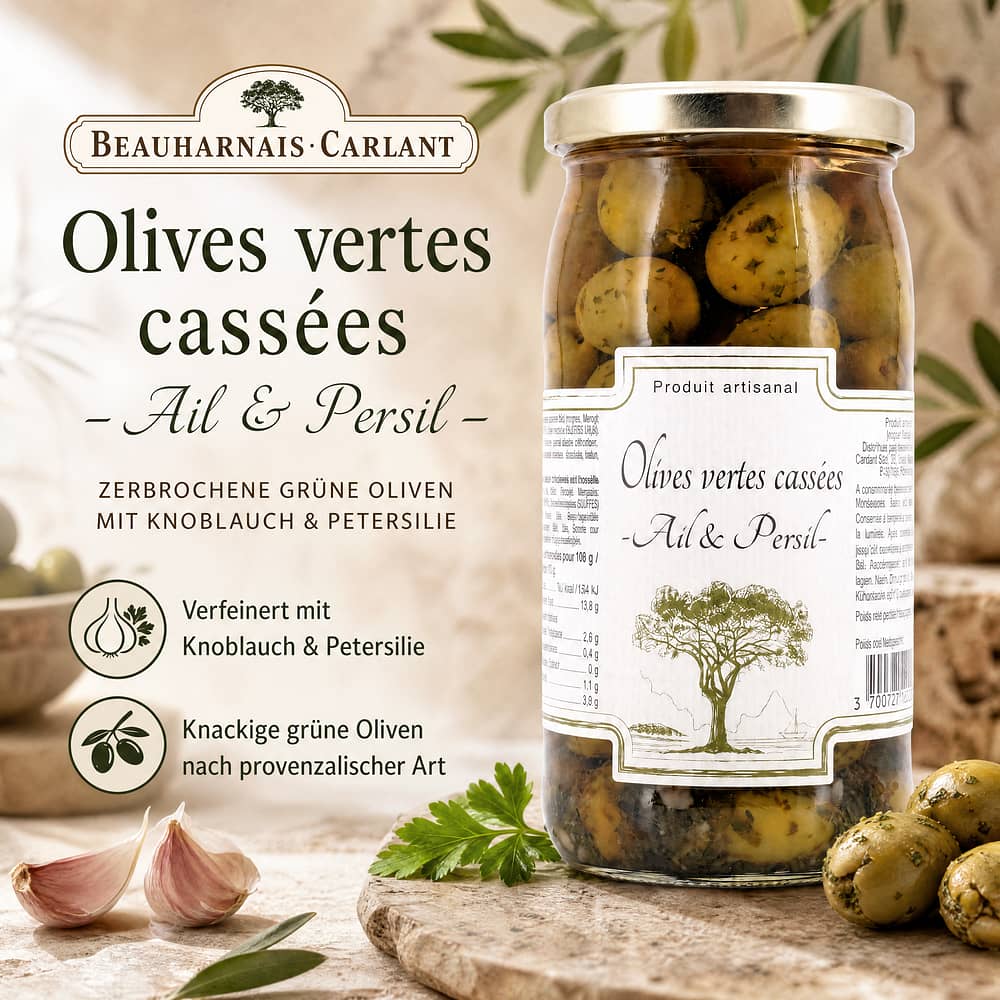 Beauharnais-CARLANT Olives vertes cassées -Ail & Persil- Zerbrochene grüne Oliven mit Knoblauch und Petersilie 350g 200 Gramm Abtropfgewicht Produktbild