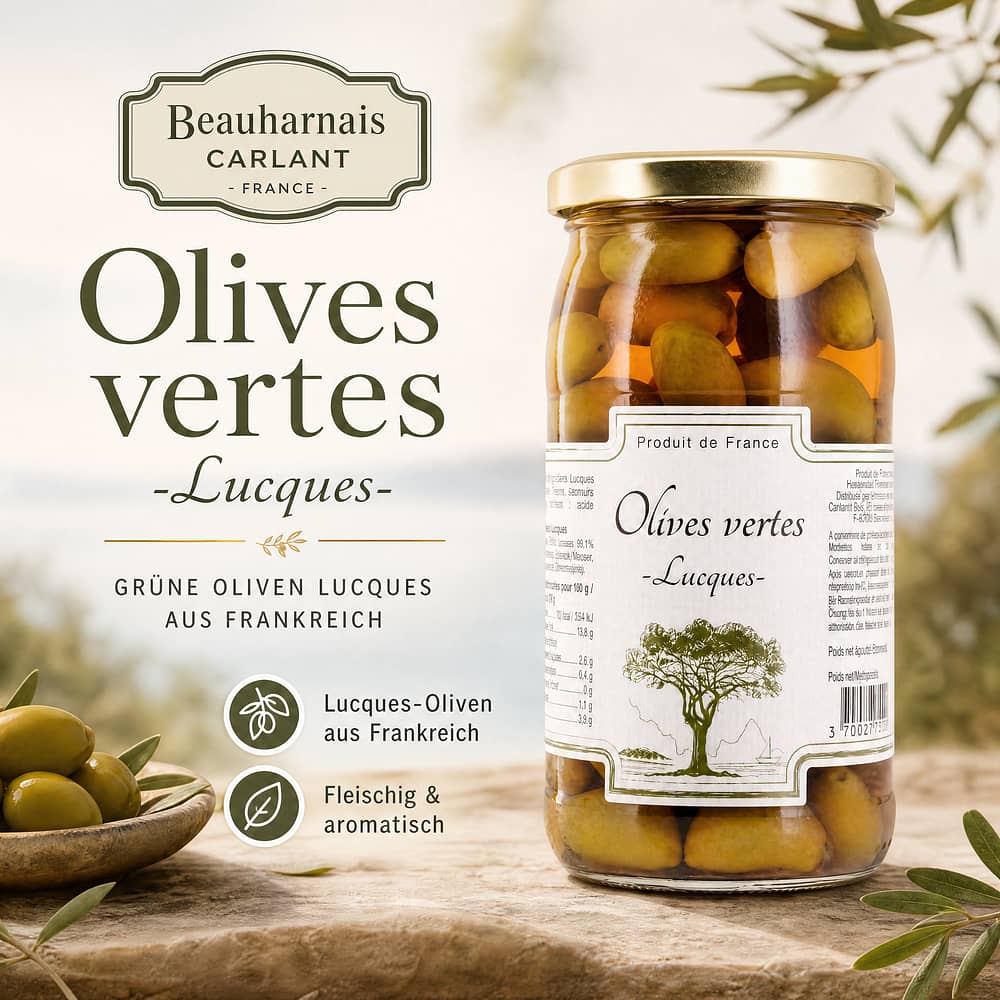 Beauharnais-CARLANT Olives vertes -Lucques- Grüne Oliven Lucques 350g 200 Gramm Abtropfgewicht Produktbild