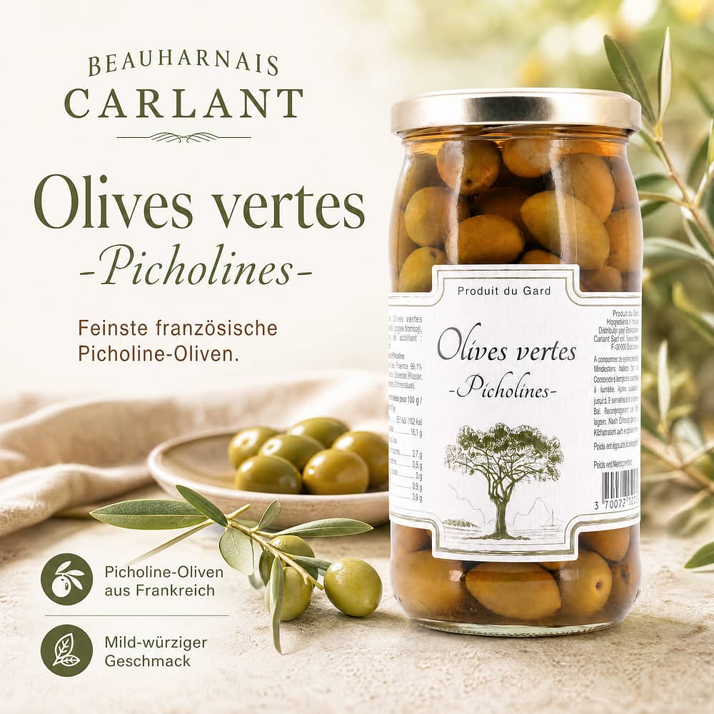 Beauharnais-CARLANT Olives vertes -Picholines- Grüne Oliven 350g 200 Gramm Abtropfgewicht Produktbild