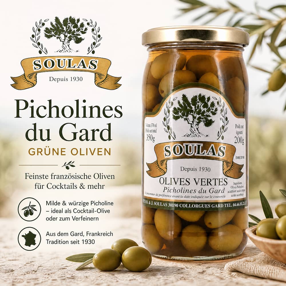 Beauharnais-CARLANT Olives vertes Soulas Picholines du Gard Grüne Oliven 350g 200 Gramm Abtropfgewicht Produktbild