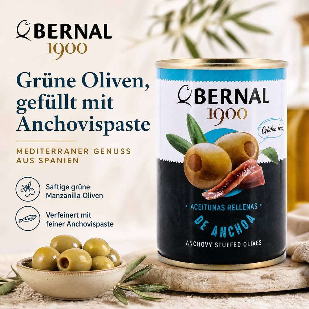 Bernal Grüne Oliven gefüllt mit Anchovispaste 292g Dose 120 Gramm Abtropfgewicht Produktbild
