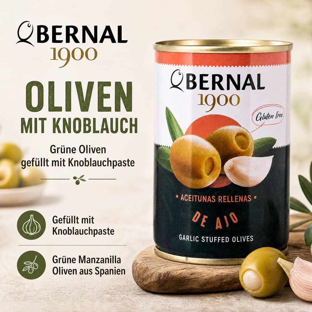 Bernal Grüne Oliven gefüllt mit Knoblauchpaste 292g Dose 120 Gramm Abtropfgewicht Produktbild