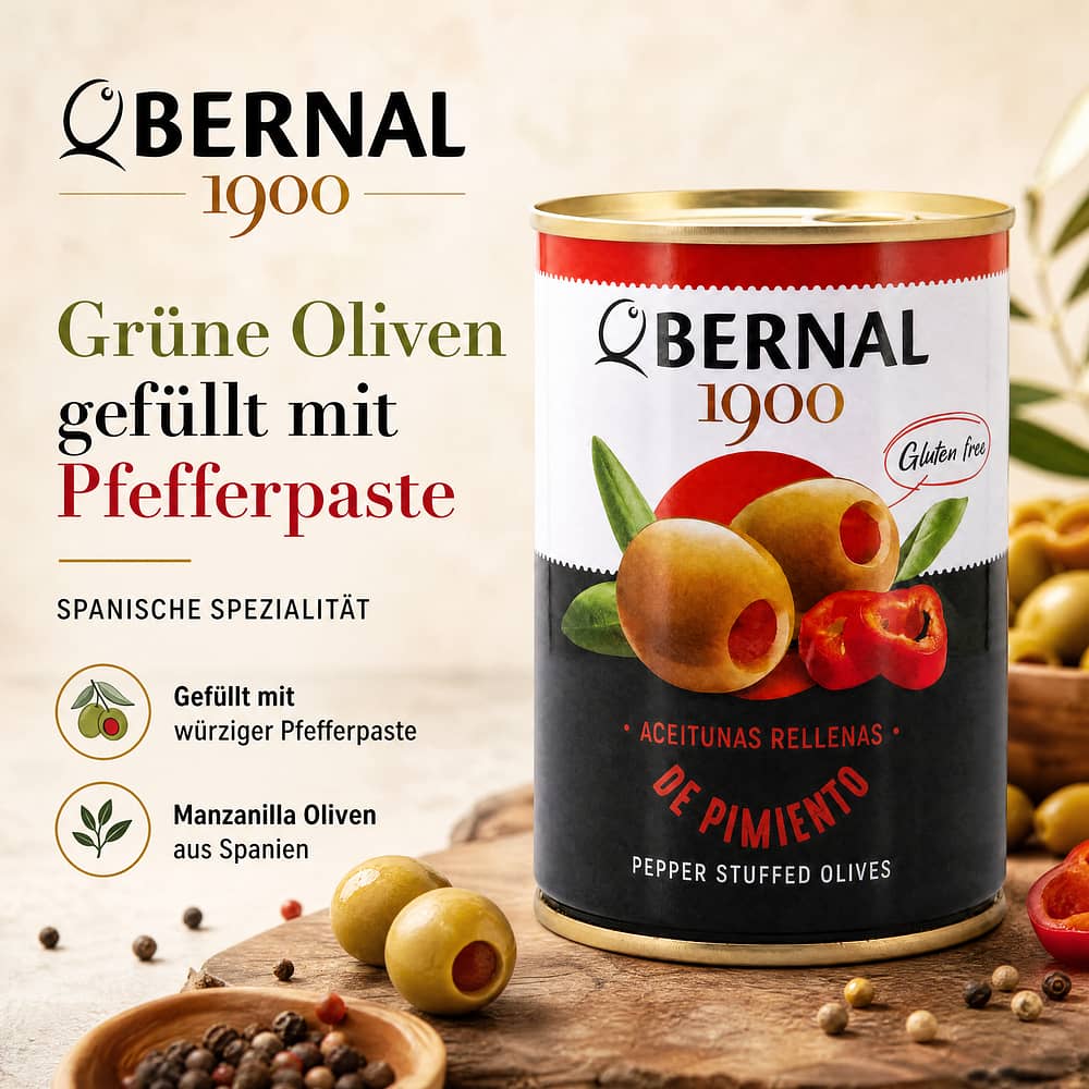 Bernal Grüne Oliven gefüllt mit Pfefferpaste 292g Dose 120 Gramm Abtropfgewicht Produktbild
