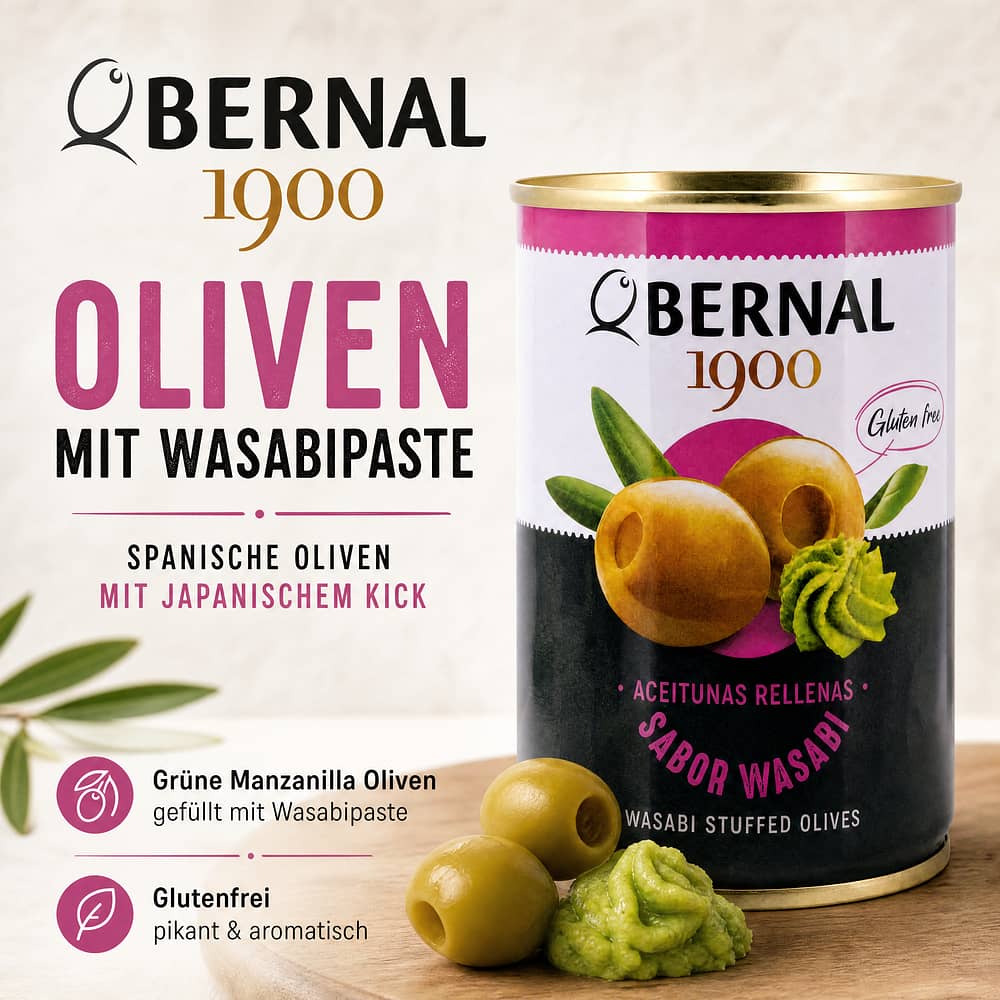 Bernal Grüne Oliven gefüllt mit Wasabipaste 220g Dose 120 Glas Abtropfgewicht Produktbild