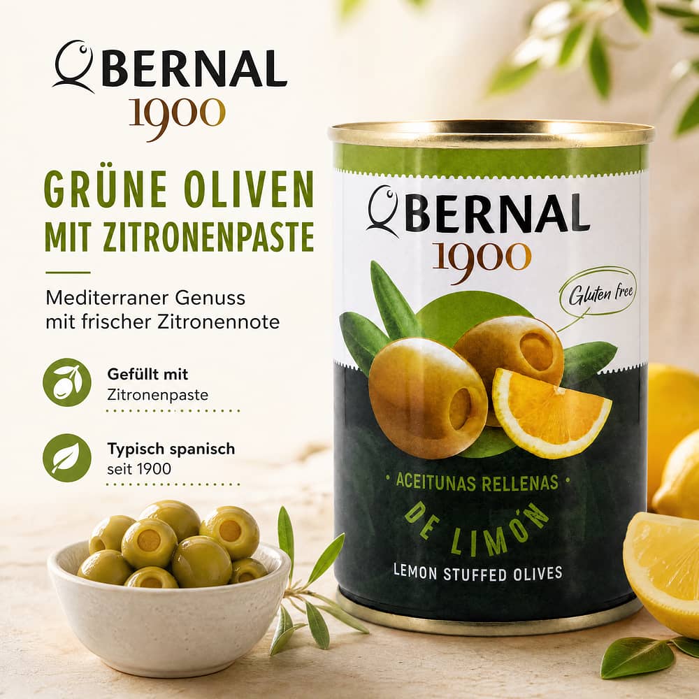 Bernal Grüne Oliven gefüllt mit Zitronenpaste 292g Dose 120 Glas Abtropfgewicht Produktbild