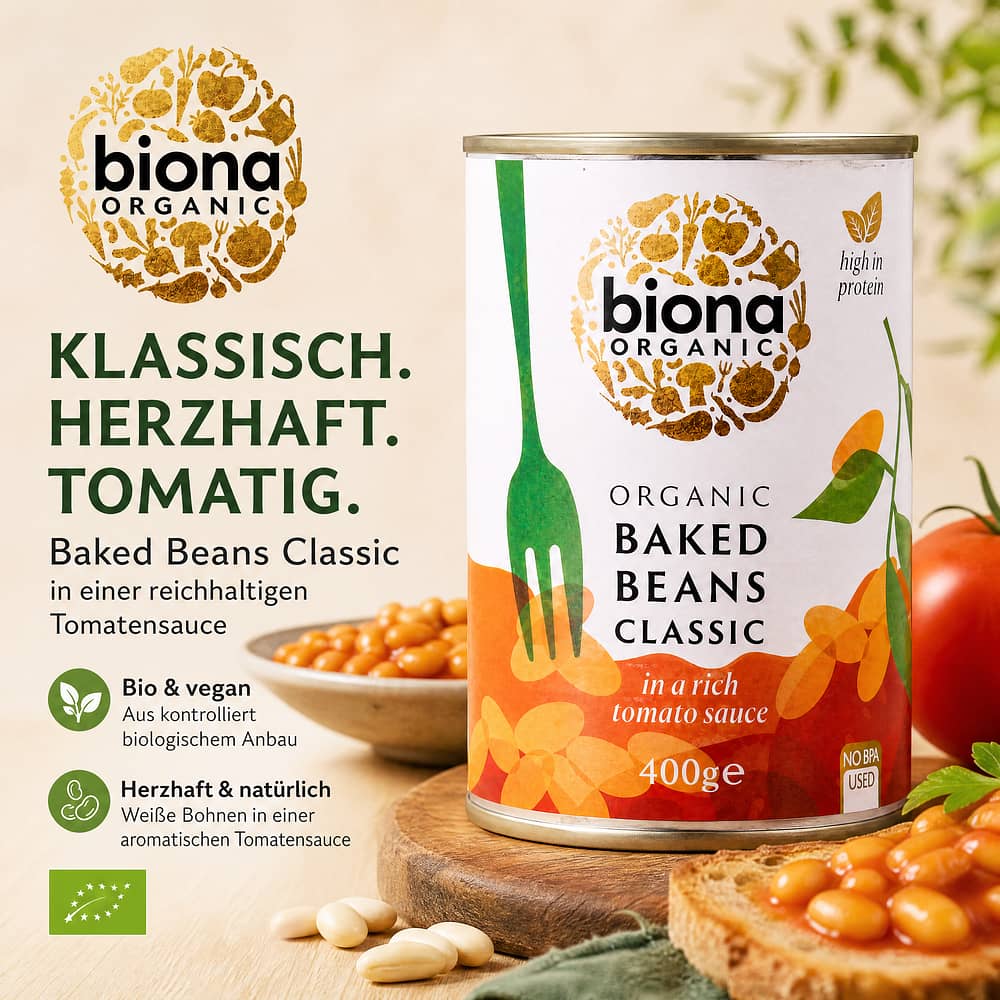 Biona Organic Baked Beans Classic Gebackene Bohnen Klassik in einer reichhaltigen Tomatensauce 400 Gramm Produktbild