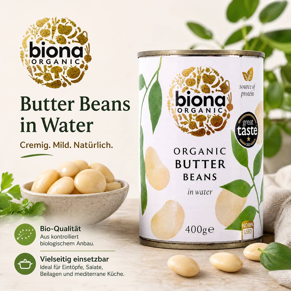 Biona Organic Butter Beans Bio Butterbohnen 240 Gramm Abtropfgewicht Produktbild