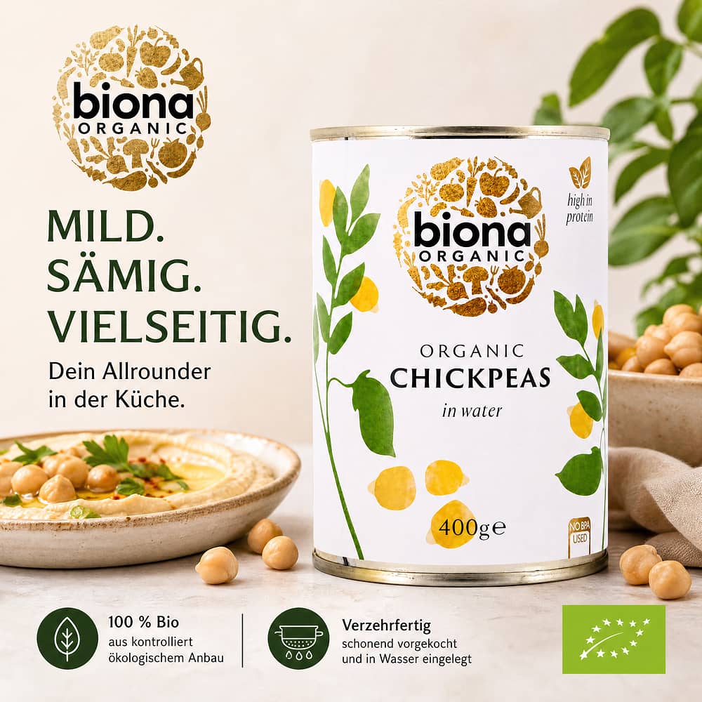 Biona Organic Chickpeans Kichererbsen 240 Gramm Abtropfgewicht Produktbild