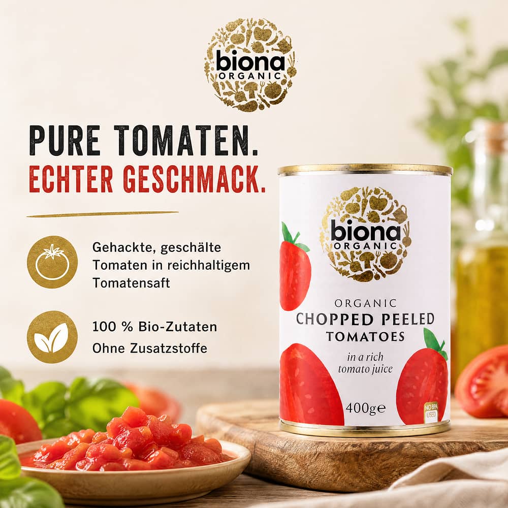 Biona Organic Chopped Peeled Tomatoes Gehackte, geschälte Tomaten in reichhaltigen Tomatensaft 400 Gramm Produktbild