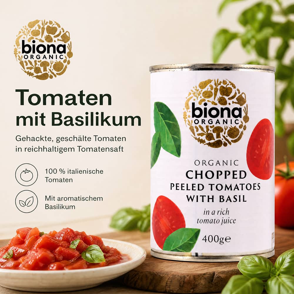Biona Organic Chopped Peeled Tomatoes With Basil Gehackte, geschälte Tomaten in reichhaltigen Tomatensaft mit Basilikum 400 Gramm Produktbild
