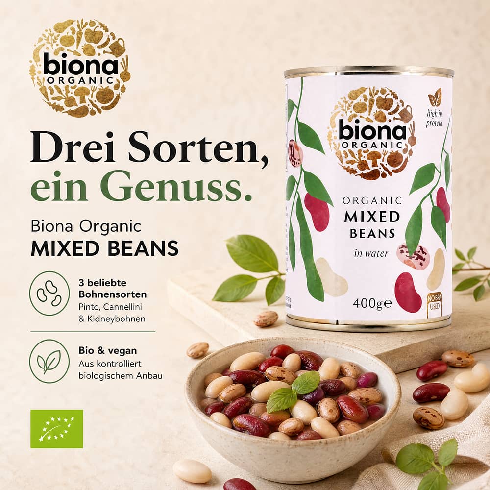 Biona Organic Mixed Beans Gemischte Bohnen 240 Gramm Abtropfgewicht Produktbild