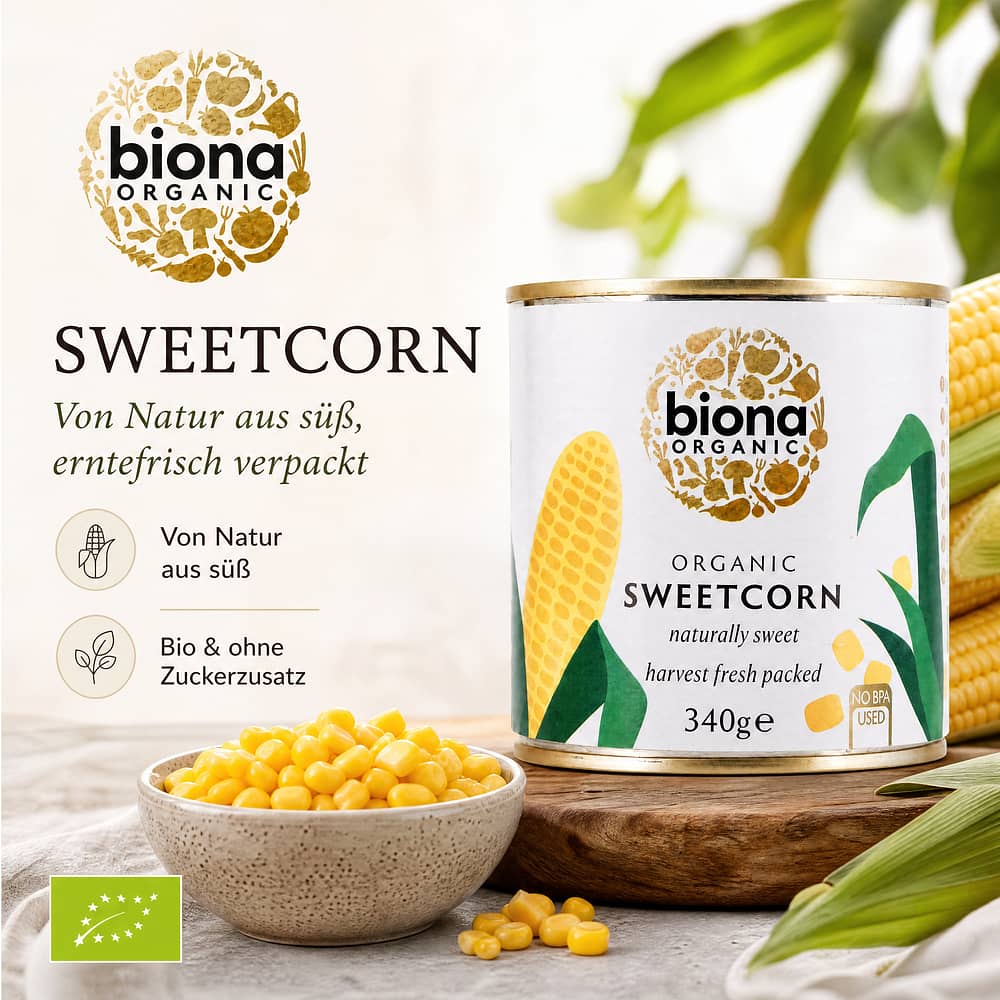 Biona Organic Sweetcorn Zuckermais – von Natur aus süß, erntefrisch verpackt 285 Gramm Abtropfgewicht Produktbild