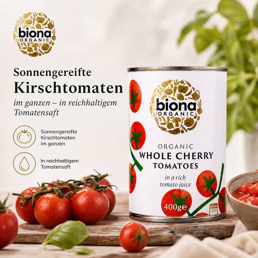 Biona Organic Whole Cherry Tomatoes Kirschtomaten im Ganzen in reichhaltigen Tomatensaft 400 Gramm Produktbild