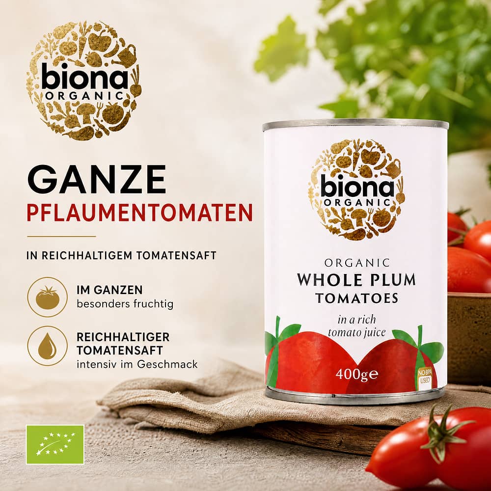 Biona Organic Whole Plum Tomatoes Pflaumentomaten im Ganzen in reichhaltigen Tomatensaft 400 Gramm Produktbild