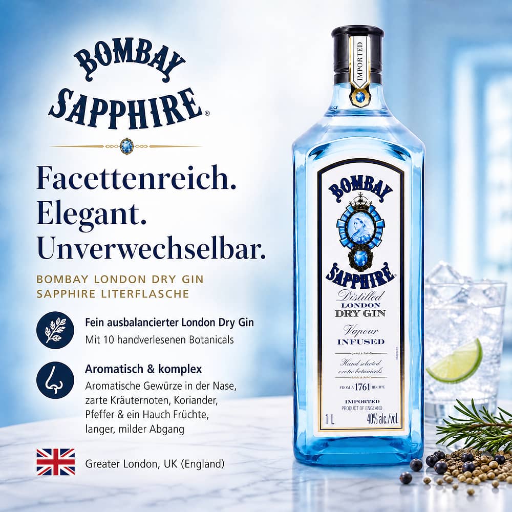 Bombay London Dry Gin Sapphire Literflasche 1 Liter/ 40.0% vol Produktbild