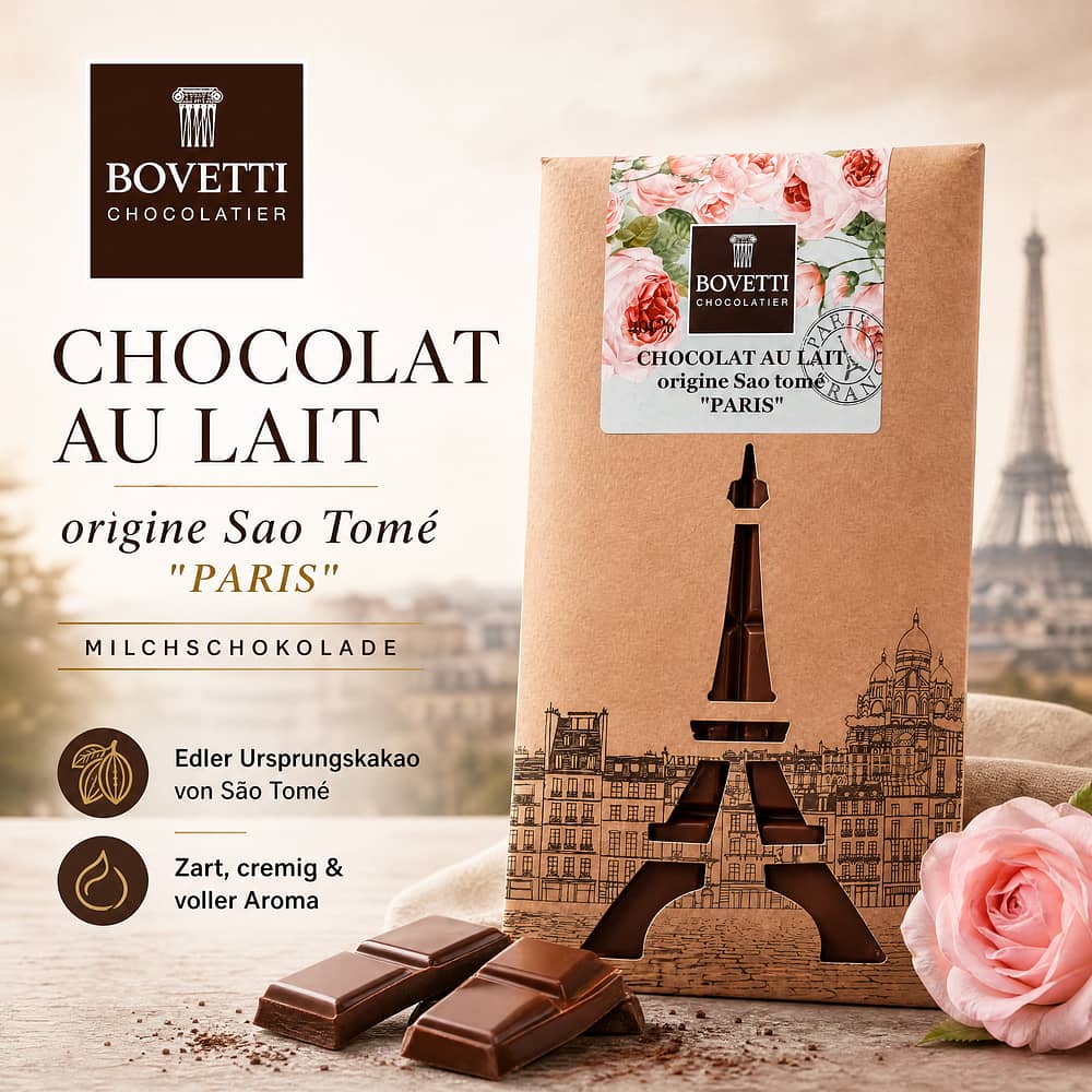 BOVETTI Chocolat au Lait origine Sao tome "Paris" Milchschokolade 100 Gramm Produktbild