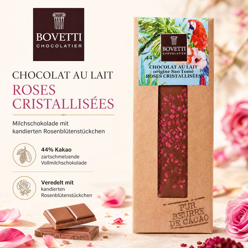 BOVETTI Chocolat Au Lait Roses Cristallisées Milchschokolade mit kandierten Rosenblütenstückchen 50 Gramm Produktbild