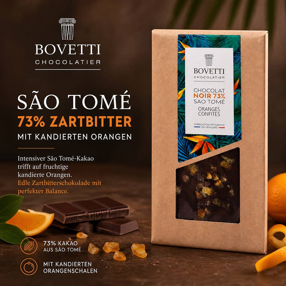 BOVETTI Chocolat Sao Tomé 73% Oranges Confites Zartbitterschokolade mit kandierten Orangen 100 Gramm Produktbild