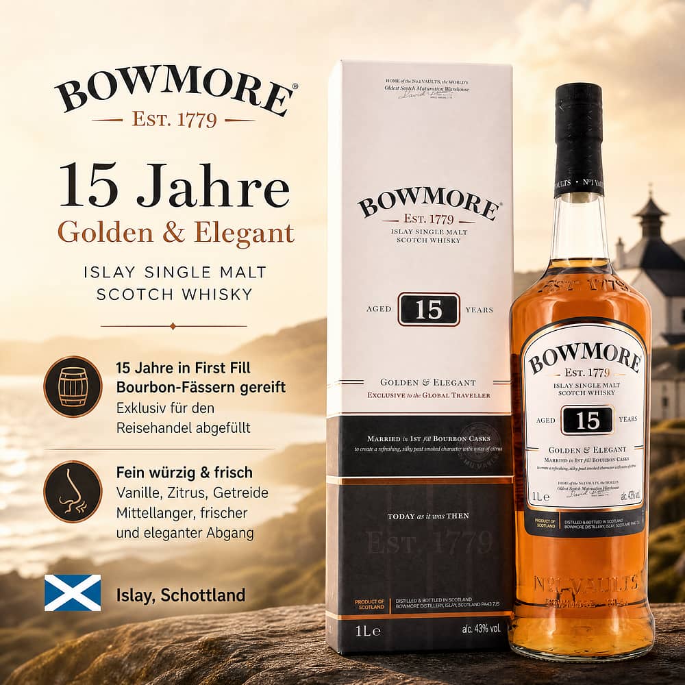 Bowmore 15 Jahre Golden & Elegant Literflasche 1 Liter/ 43.0% vol Produktbild