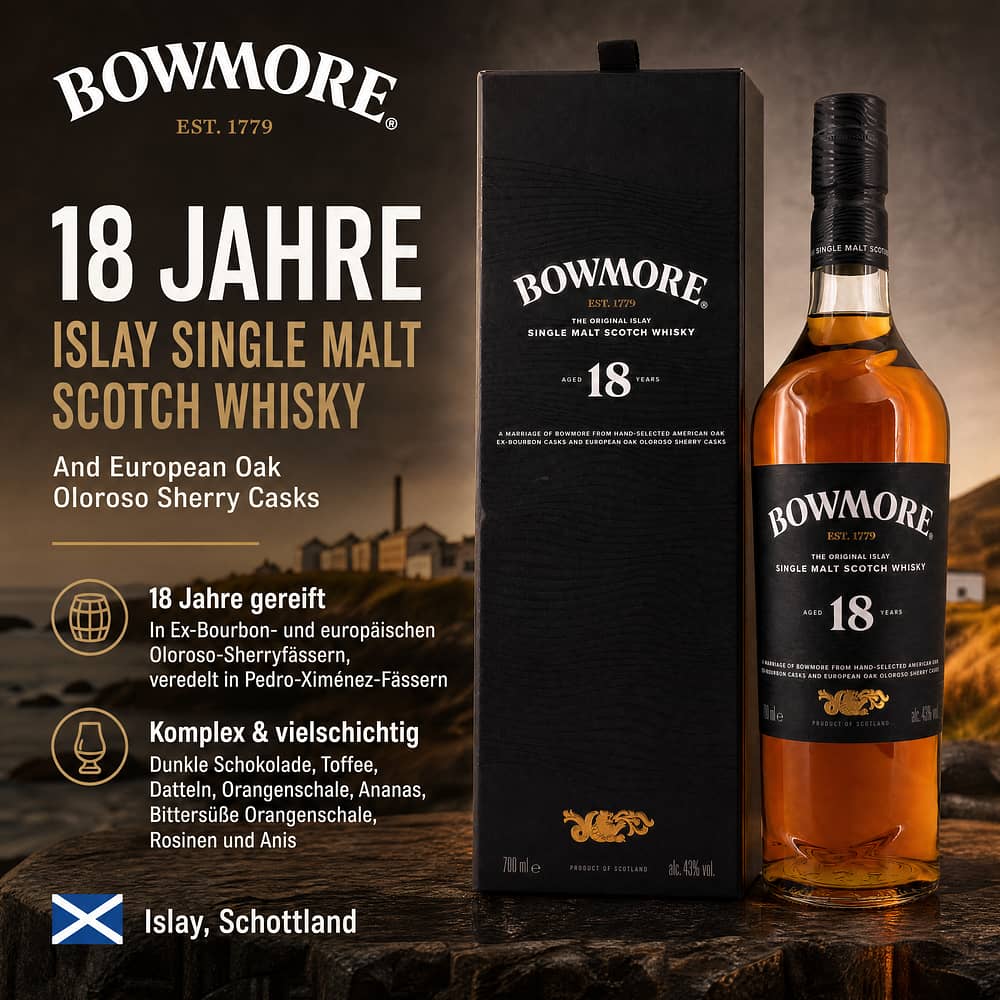 Bowmore 18 Jahre Ex-Bourbon Casks And European Oak Oloroso Sherry Casks 0,70 Liter/ 43.0% vol Produktbild