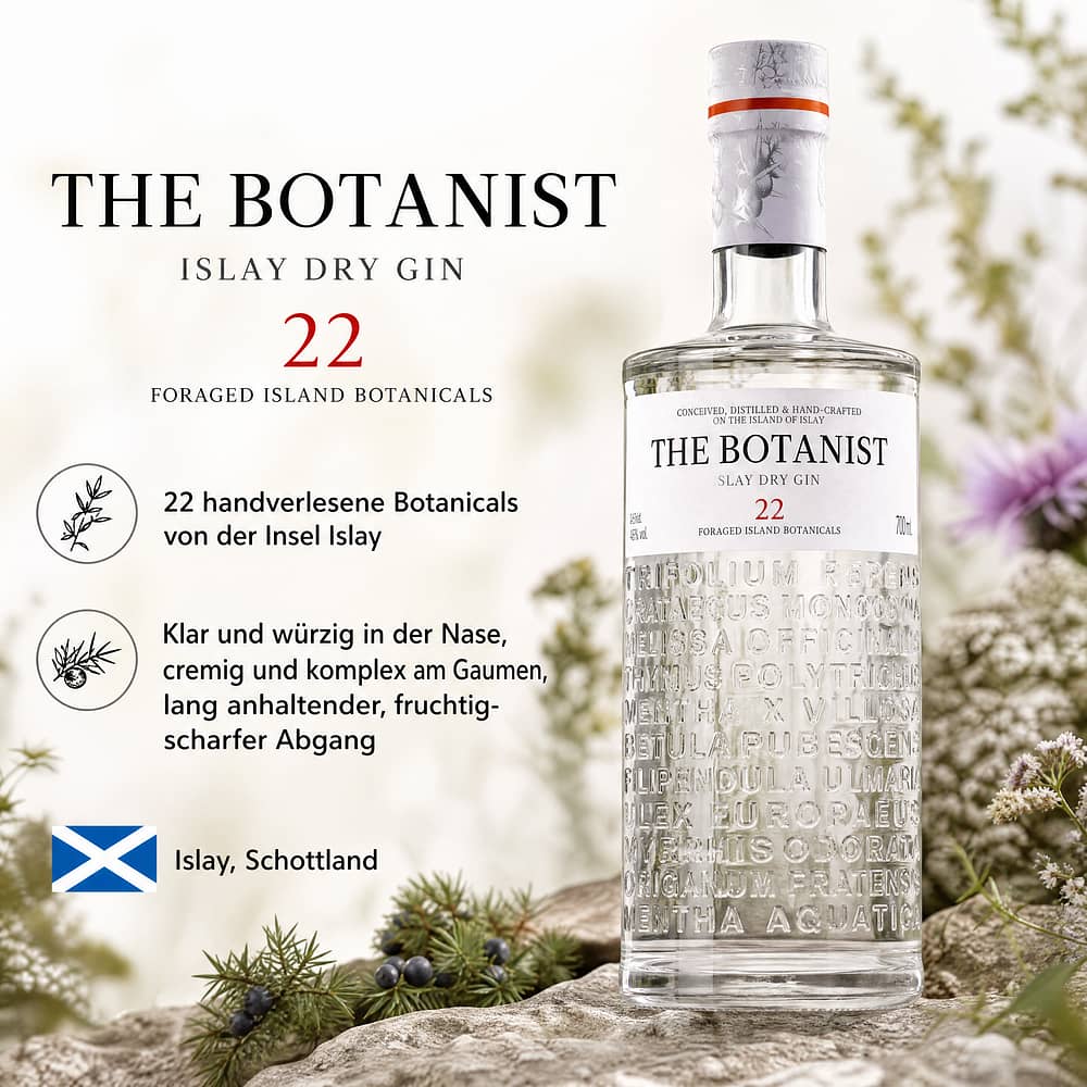 Bruichladdich The Botanist 22 enthaltene Botanicals in Relief-Schrift auf der Flasche 0,70 Liter/ 46.0% vol Produktbild