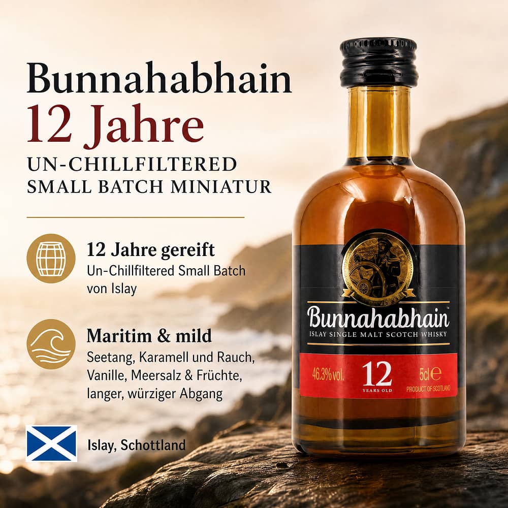 Bunnahabhain 12 Jahre Un-Chillfiltered Small Batch Miniatur 0,050 Liter/ 46.3% vol Produktbild
