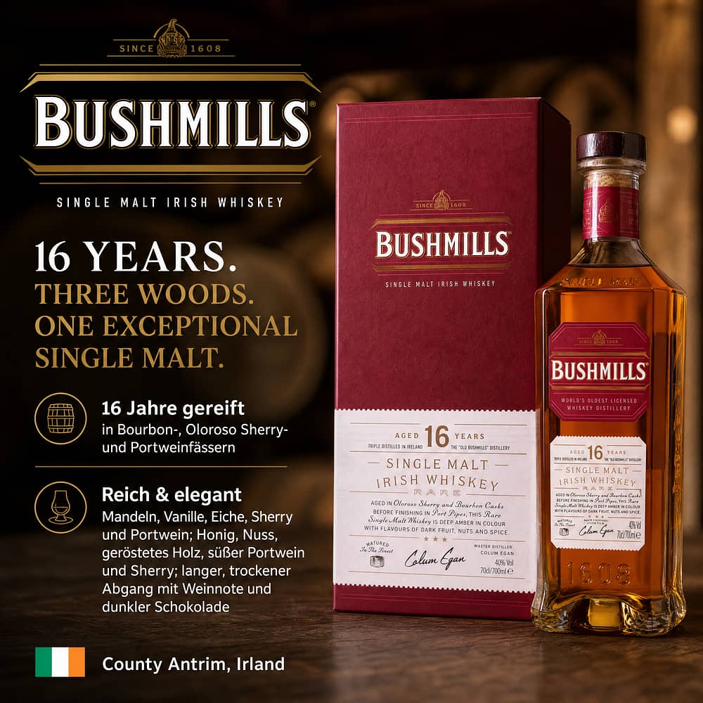 Bushmills 16 Jahre Single Malt Three Woods 0,70 Liter/ 40.0% vol Produktbild
