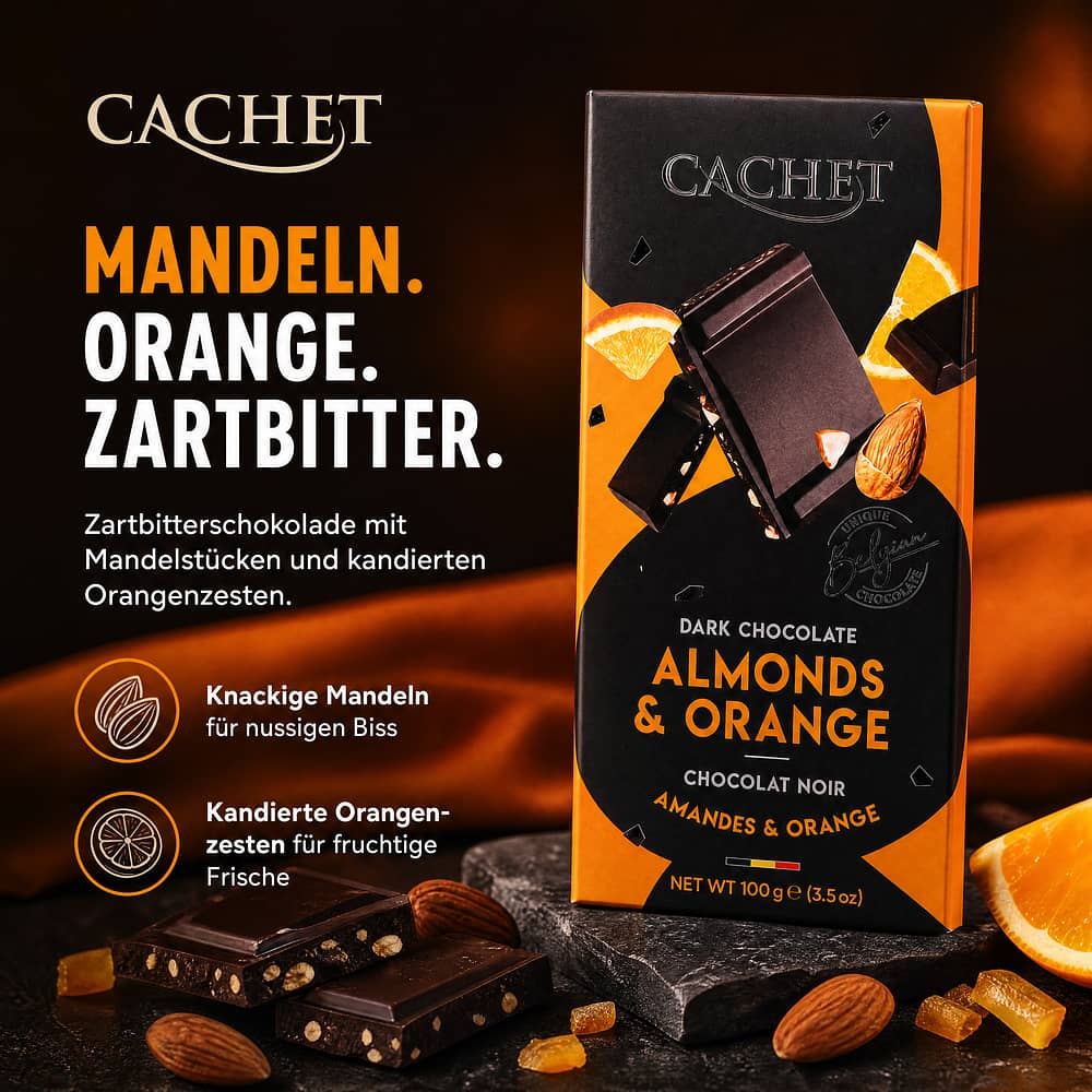 Cachet Dark Chocolate Almonds & Orange Zartbitterschokolade mit Mandelstücke und kandierten Orangenzesten 100 Gramm Produktbild