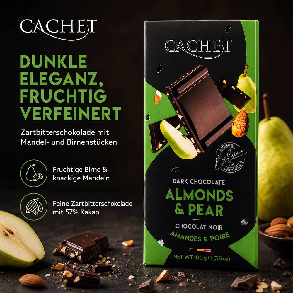 Cachet Dark Chocolate Almonds & Pear Zartbitterschokolade mit Mandel- und Birnenstücken 100 Gramm Produktbild