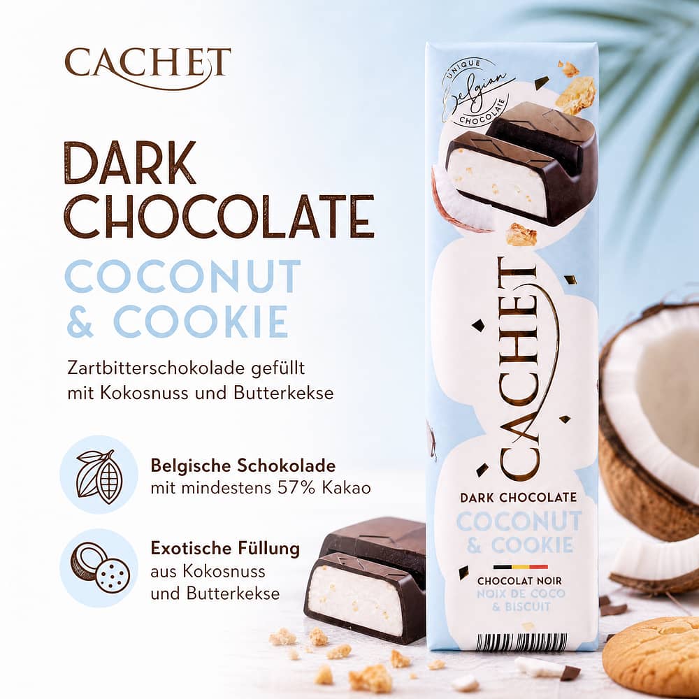 Cachet Dark Chocolate Coconut & Cookie Riegel Zartbitterschokolade gefüllt mit Kokosnuss und Butterkekse 45 Gramm Produktbild