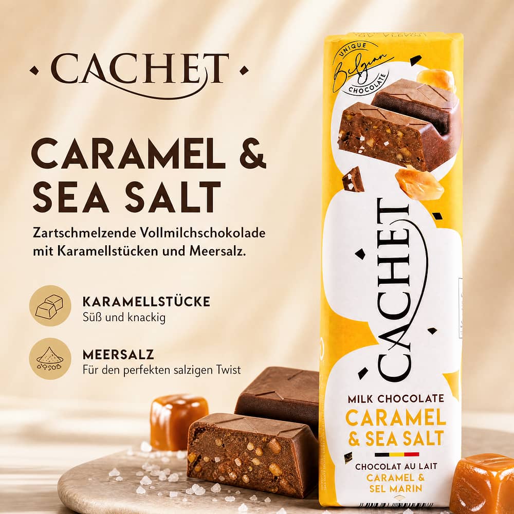 Cachet Milk Chocolate Caramel  & Sea Salt Riegel Vollmilchschokolade mit Karamellstücke und Meersalz 50 Gramm Produktbild