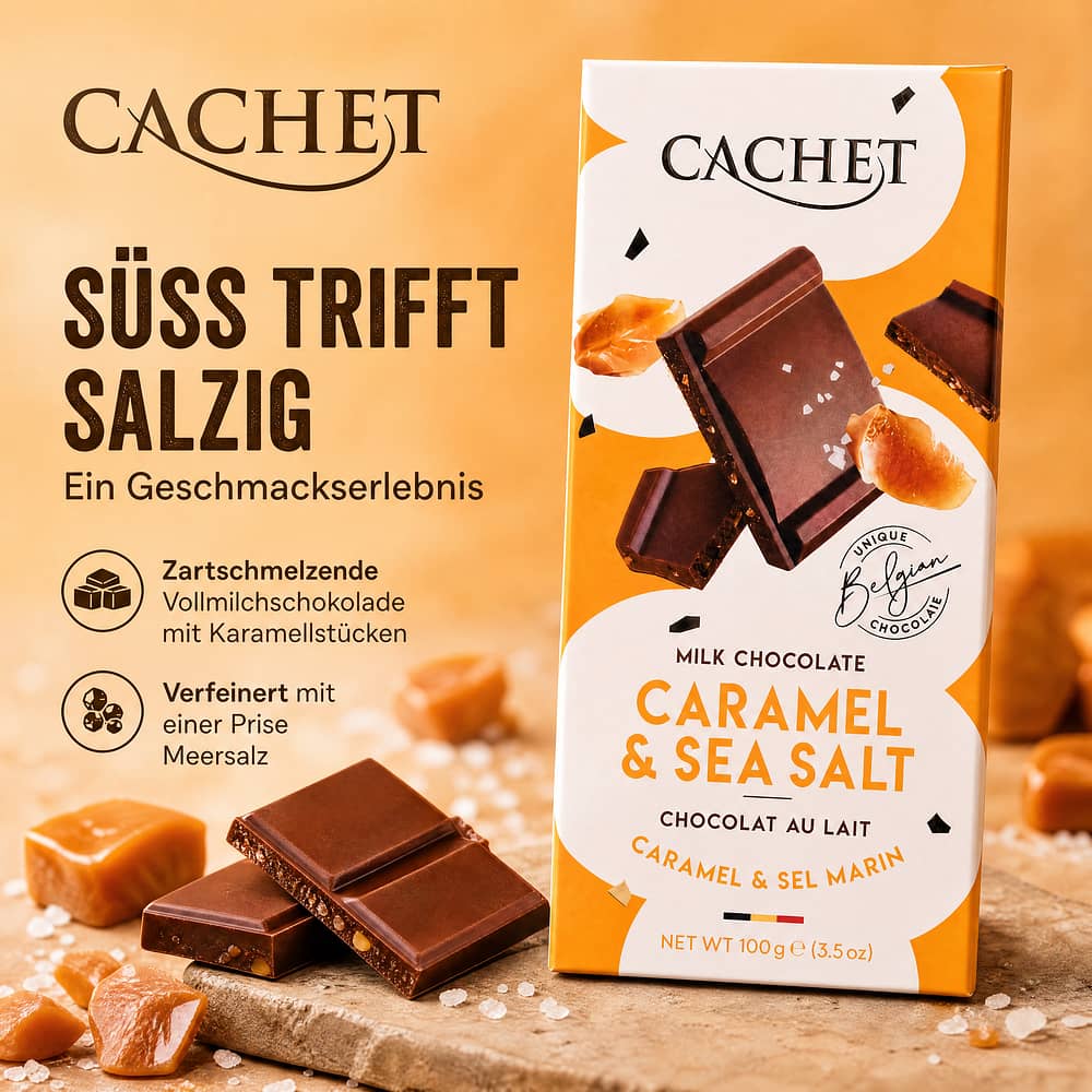 Cachet Milk Chocolate Caramel & Sea Salt Vollmilchschokolade mit Karamellstücke und Meersalz 100 Gramm Produktbild