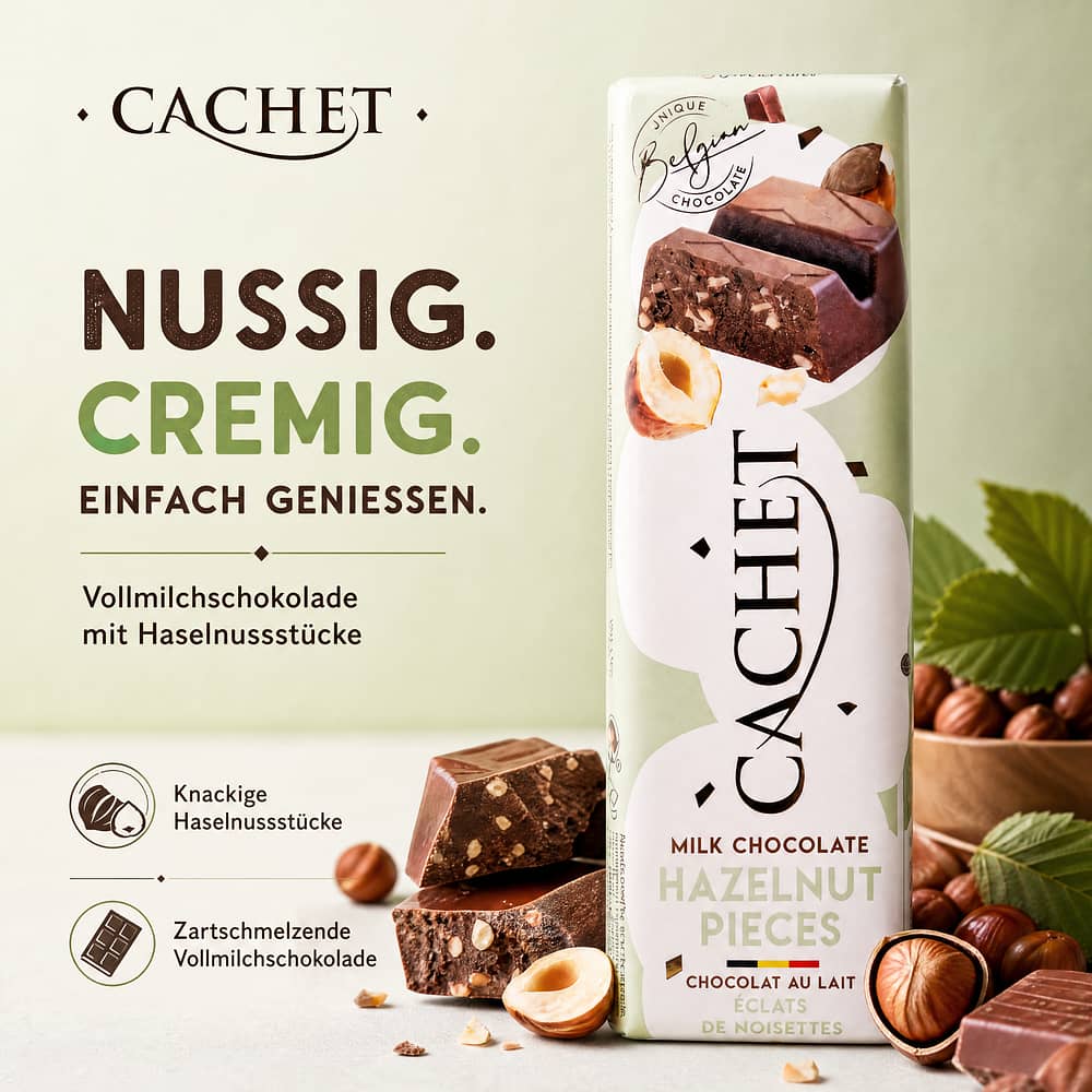 Cachet Milk Chocolate Hazelnut Pieces Riegel Vollmilchschokolade mit Haselnussstücke 50 Gramm Produktbild