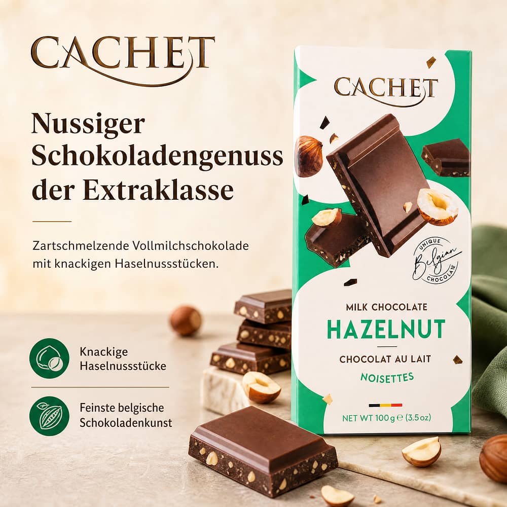 Cachet Milk Chocolate Hazelnut Vollmilchschokolade mit Haselnussstücke 100 Gramm Produktbild
