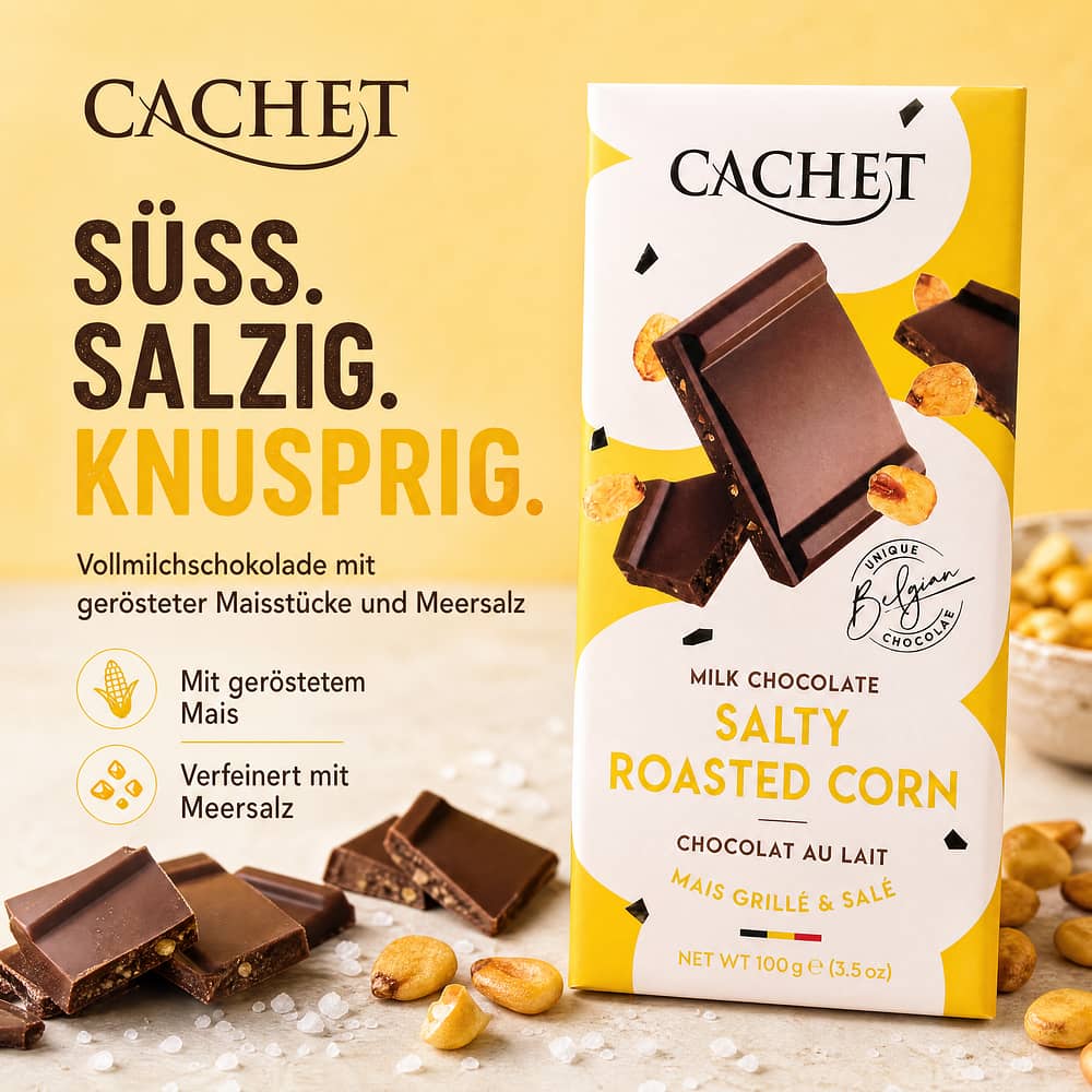 Cachet Milk Chocolate Salty Roasted Corn Vollmilchschokolade mit gerösteter Maisstücke und Meersalz 100 Gramm Produktbild