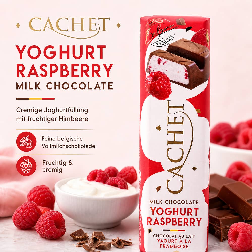 Cachet Milk Chocolate Yoghurt Raspberry Riegel Vollmilchschokolade gefüllt mit Yoghurt und Himbeere 45 Gramm Produktbild