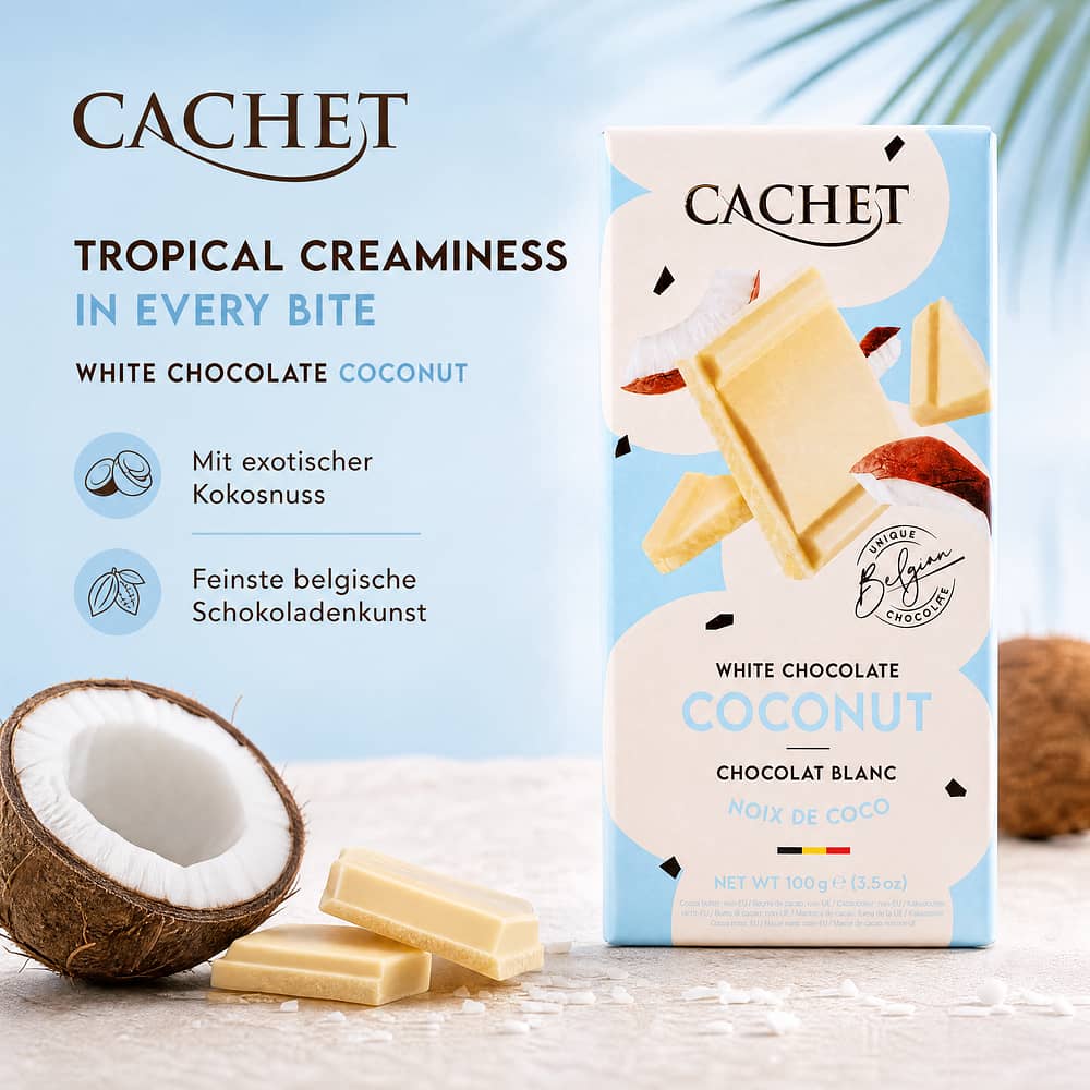 Cachet White Chocolate Coconut Weiße Schokolade mit Kokosnuss 100 Gramm Produktbild