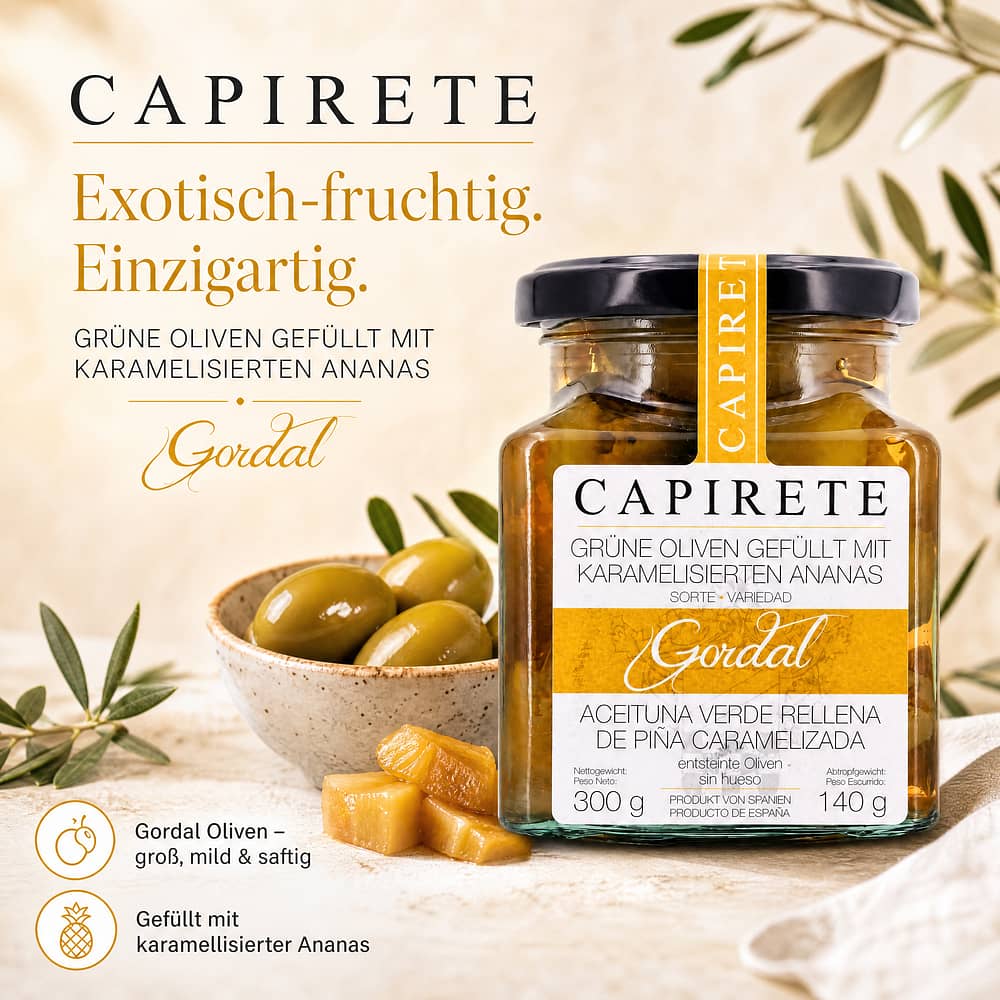 Capirete Gordal grüne Oliven gefüllt mit karamellisierten Ananas 300g 140 Gramm Abtropfgewicht Produktbild