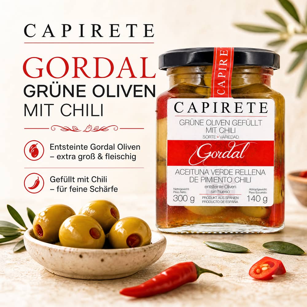 Capirete Gordal grüne Oliven mit Chili 300g 140 Gramm Abtropfgewicht Produktbild
