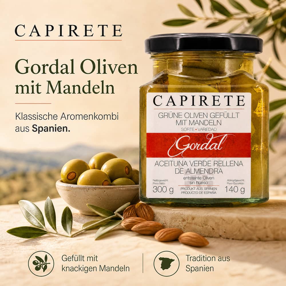 Capirete Gordal grüne Oliven mit Mandeln 300g 140 Gramm Abtropfgewicht Produktbild