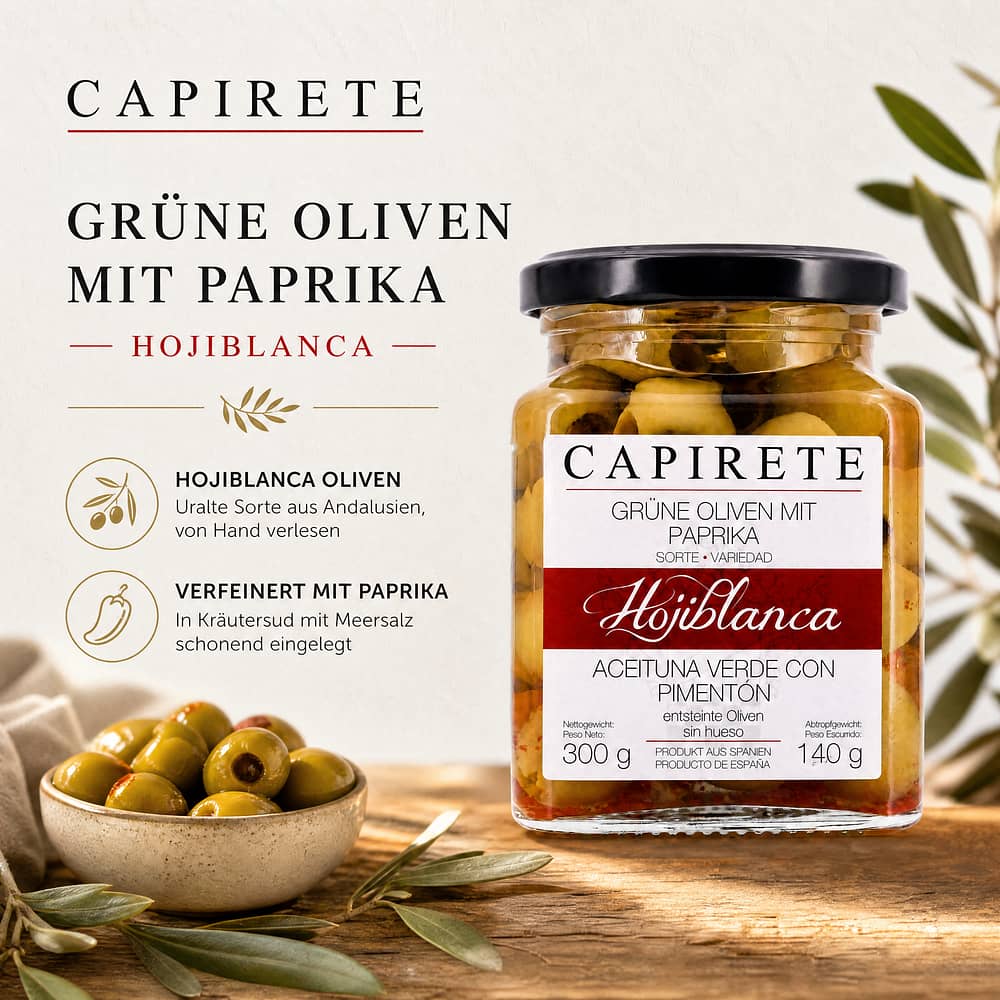 Capirete Hojiblanca grüne Oliven mit Paprika 300g 140 Gramm Abtropfgewicht Produktbild