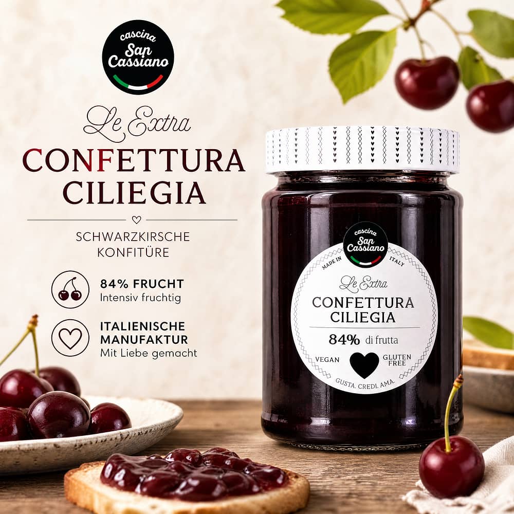Cascina San Cassiano Confettura Ciliegia Schwarzkirsche Konfitüre 340 Gramm Produktbild