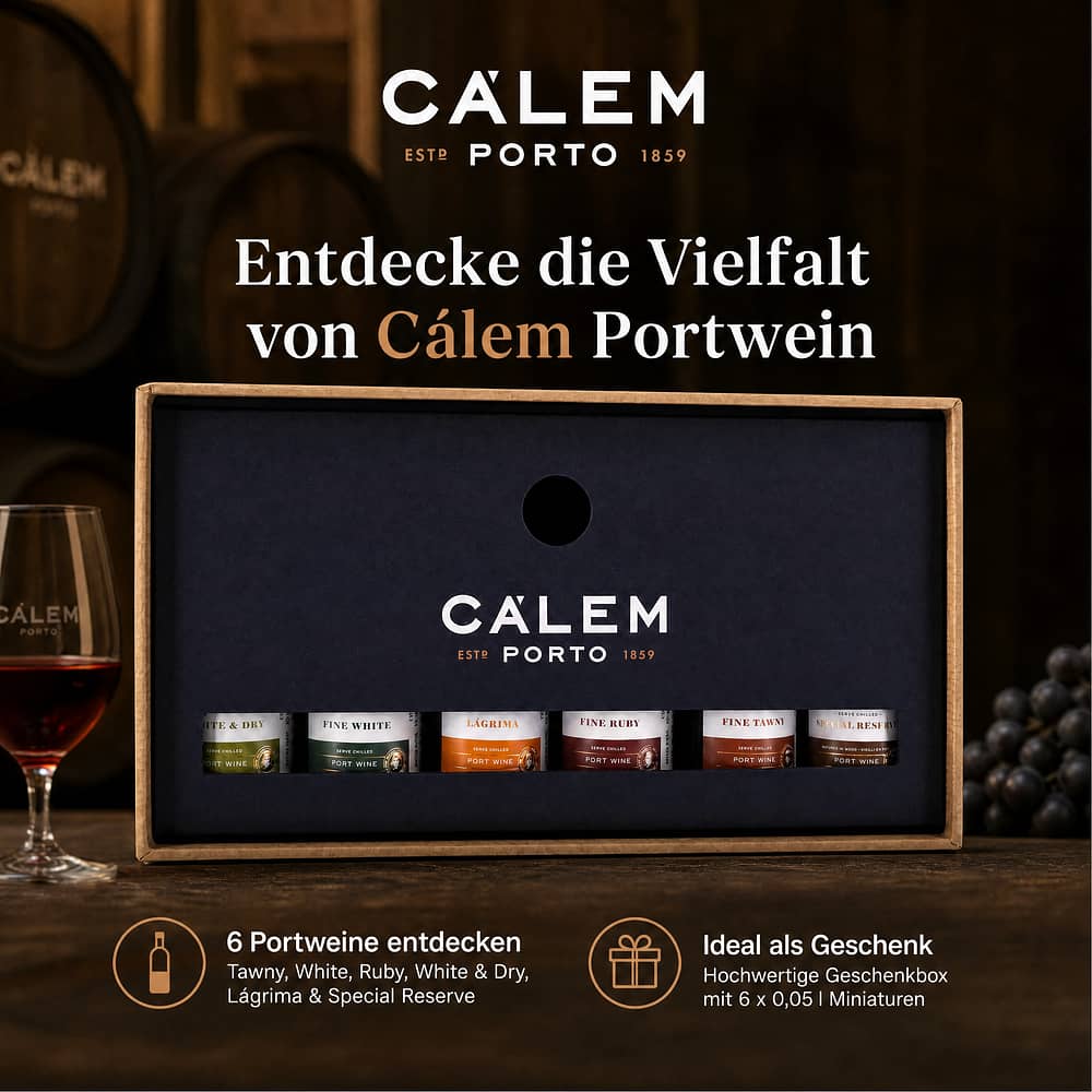 Cálem Minaturenset aus Tawny; White Port; Ruby Port; White & Dry; Lagrima & Special Reserve - 6 Stück je 0,05l als Geschenkset 0,30 Liter/ 19.5% vol Produktbild