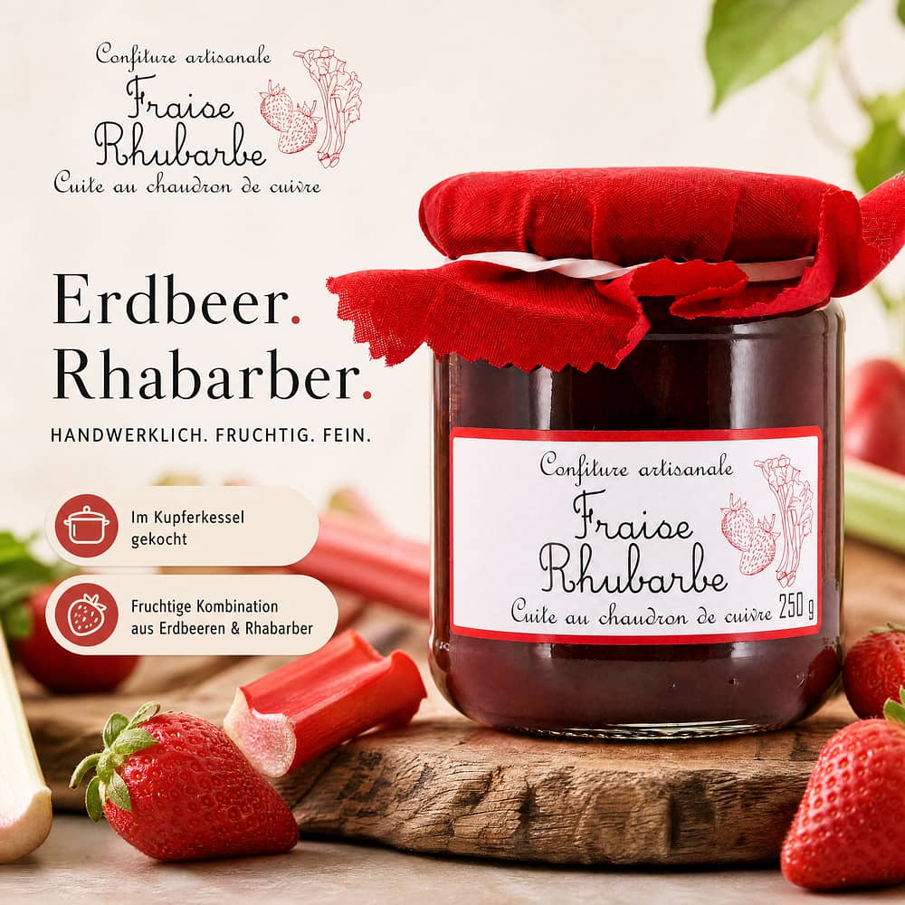 Confiture artisanale Fraise Rhubarbe Erdbeer-Rhabarber Konfitüre 250 Gramm Produktbild