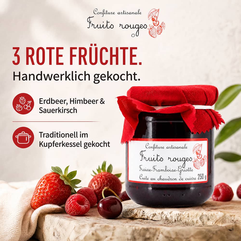 Confiture artisanale Frits rouges 3 rote Früchte: Erdbeer-Himbeer- & Sauerkirsch Konfitüre 250 Gramm Produktbild