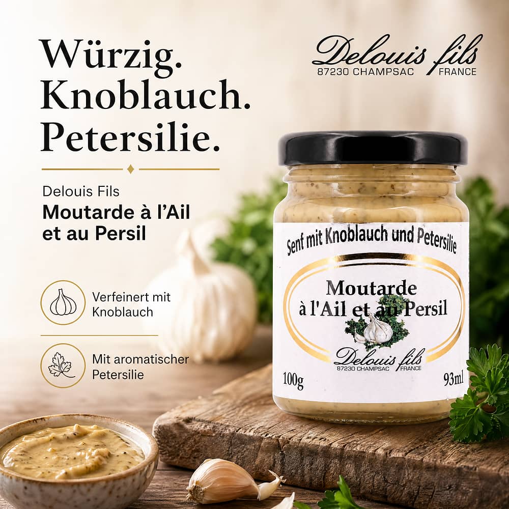 Delouis Fils Moutarde à i`Ail et au Persil Senf mit Knoblauch und Petersilie 100 Gramm Produktbild