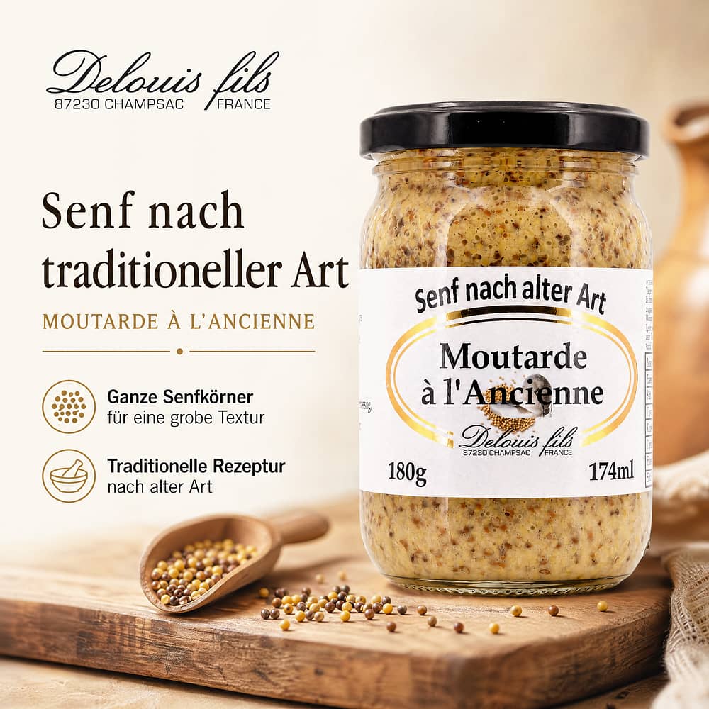 Delouis Fils Moutarde à l`Ancienne Senf nach traditioneller Art 180 Gramm Produktbild