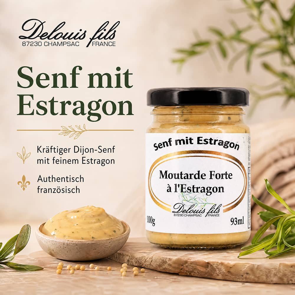 Delouis Fils Moutarde Forte à L´Estragon Senf mit Estragon 100 Gramm Produktbild