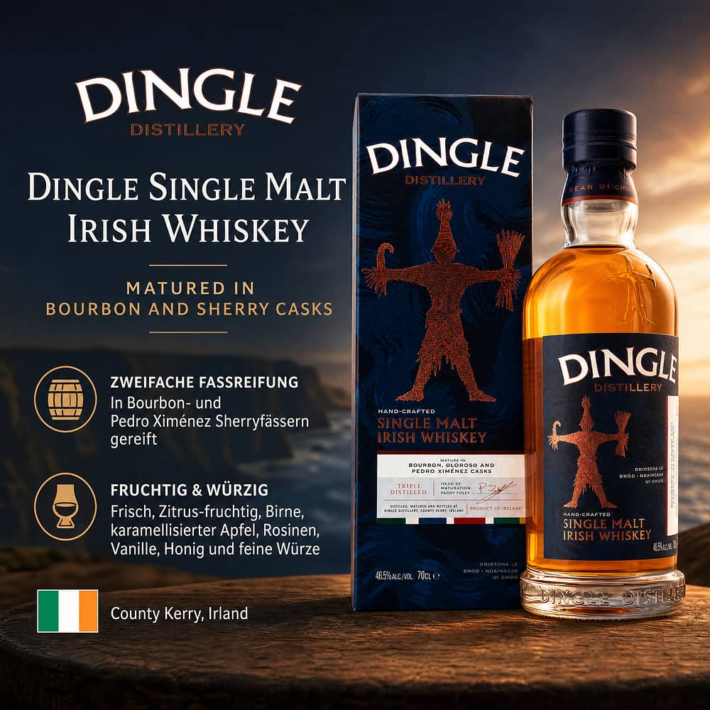 Dingle Single Malt Irish Whiskey Matured In Bourbon And Sherry Casks 0,70 Liter/ 46.5% vol Produktbild