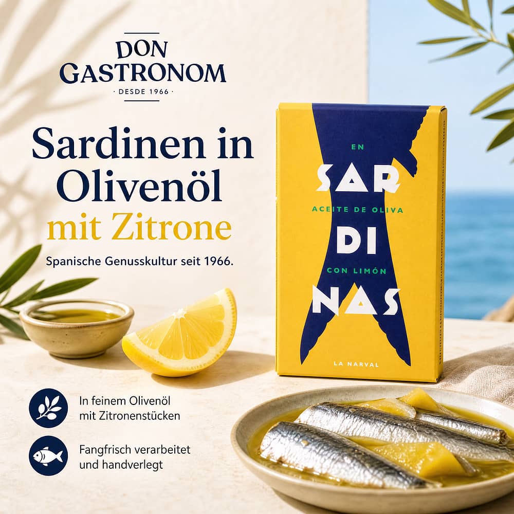 Don Gastronom Sardinen in Olivenöl mit Zitrone 120g 84 Gramm Abtropfgewicht Produktbild